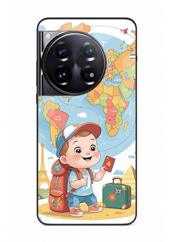 Cartoon Boy Tourist world map artwork OnePlus 12 glass back cover