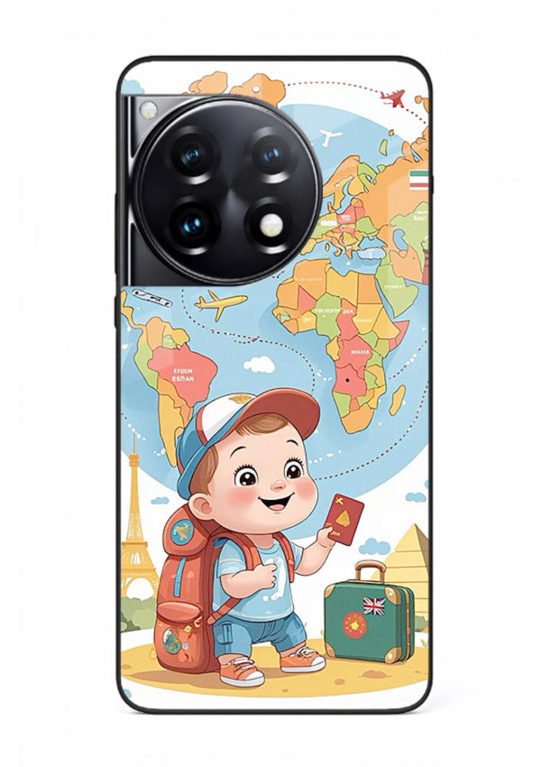 Cartoon Boy Tourist world map artwork OnePlus 12R glass back cover