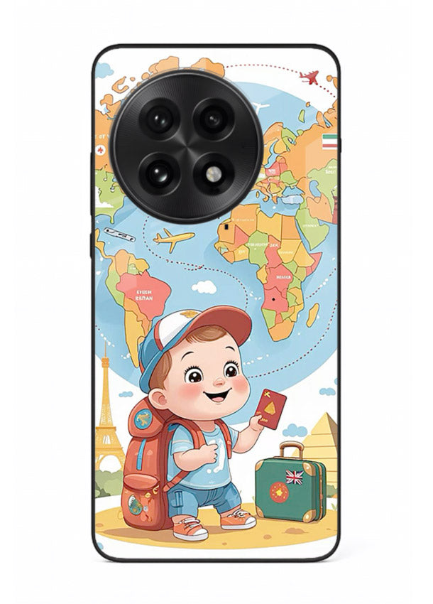 Cartoon Boy Tourist world map artwork OnePlus 13 glass back cover