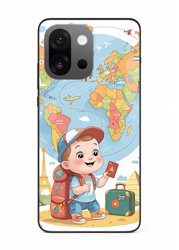 Cartoon Boy Tourist world map artwork OnePlus 13s glass back cover