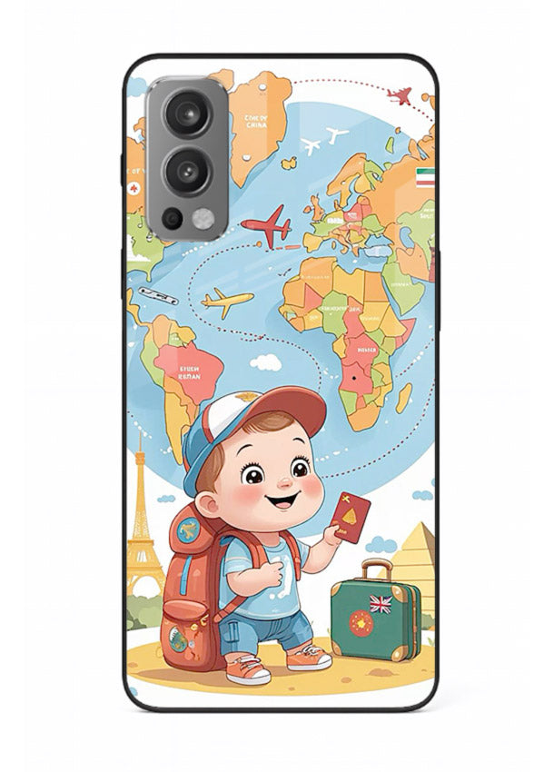 Cartoon Boy Tourist world map artwork OnePlus Nord 2 glass back cover