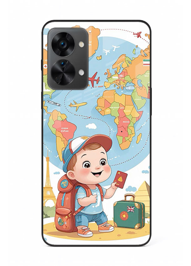 Cartoon Boy Tourist world map artwork OnePlus Nord 2T glass back cover