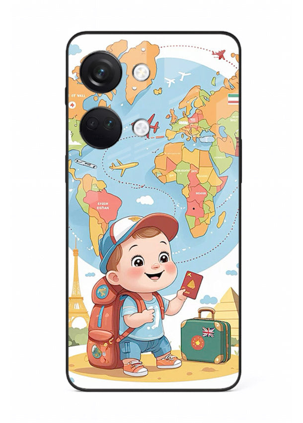 Cartoon Boy Tourist world map artwork OnePlus Nord 3 glass back cover