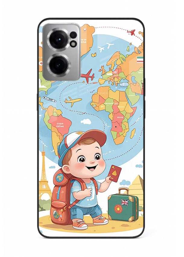 Cartoon Boy Tourist world map artwork OnePlus Nord CE2 5G glass back cover