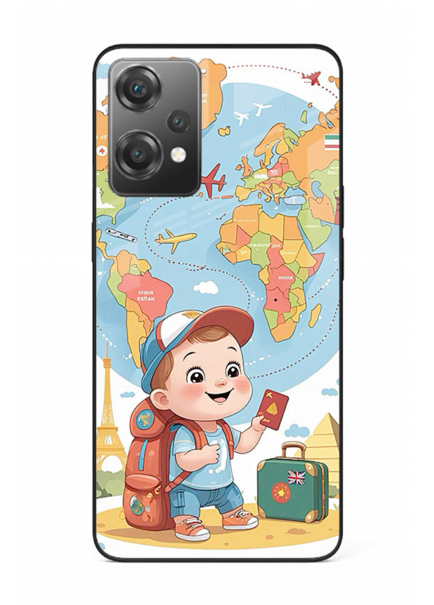 Cartoon Boy Tourist world map artwork OnePlus Nord CE2 Lite 5G glass back cover