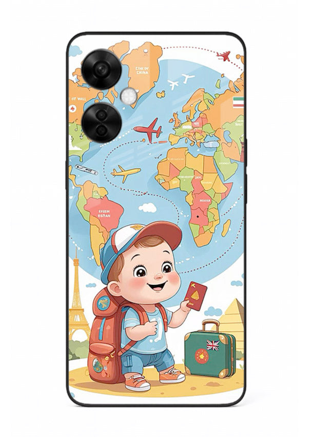 Cartoon Boy Tourist world map artwork OnePlus Nord CE3 Lite glass back cover