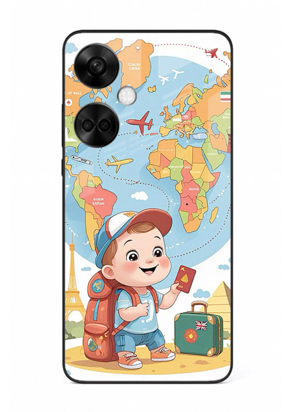 Cartoon Boy Tourist world map artwork OnePlus Nord CE3 glass back cover