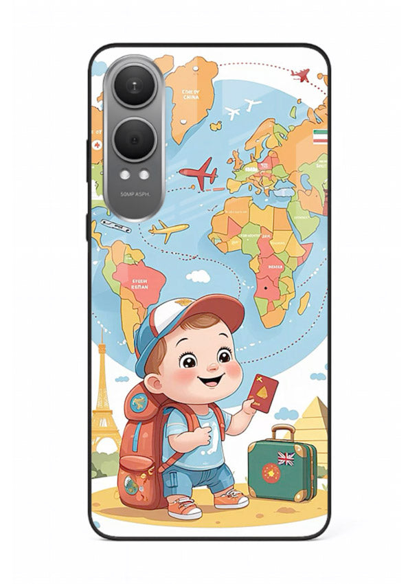 Cartoon Boy Tourist world map artwork OnePlus Nord CE4 Lite glass back cover