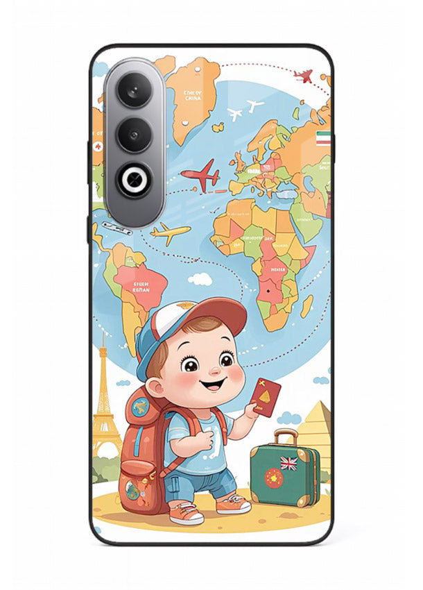 Cartoon Boy Tourist world map artwork OnePlus Nord CE4 glass back cover