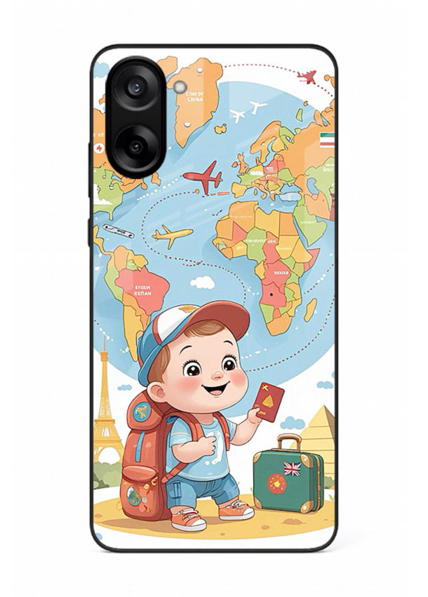 Cartoon Boy Tourist world map artwork OnePlus Nord CE5 glass back cover