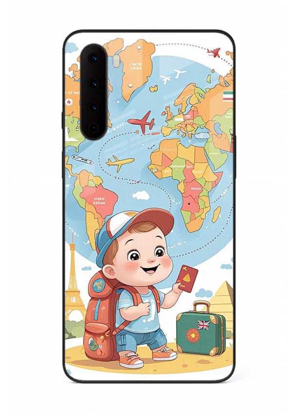 Cartoon Boy Tourist world map artwork OnePlus Nord glass back cover