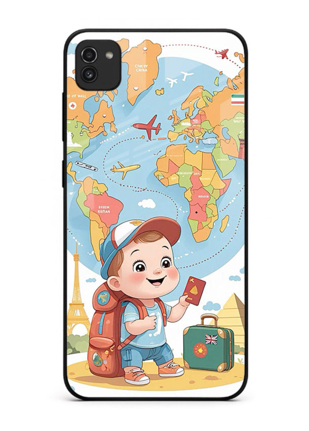 Cartoon Boy Tourist world map artwork Samsung A03 glass back cover