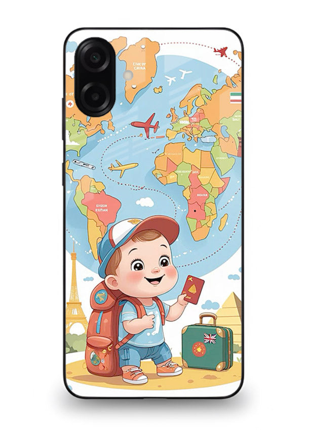 Cartoon Boy Tourist world map artwork Samsung A07 4G glass back cover