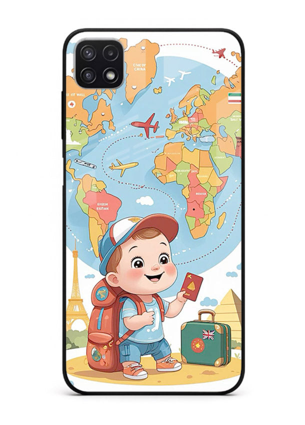 Cartoon Boy Tourist world map artwork Samsung A22 5G glass back cover