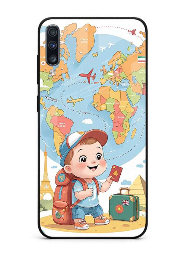 Cartoon Boy Tourist world map artwork Samsung A70 glass back cover