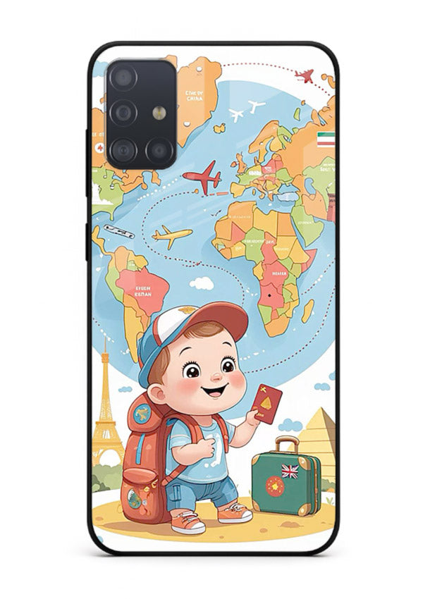 Cartoon Boy Tourist world map artwork Samsung A71 glass back cover