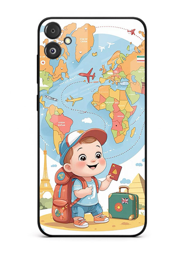 Cartoon Boy Tourist world map artwork Samsung F05 5G glass back cover