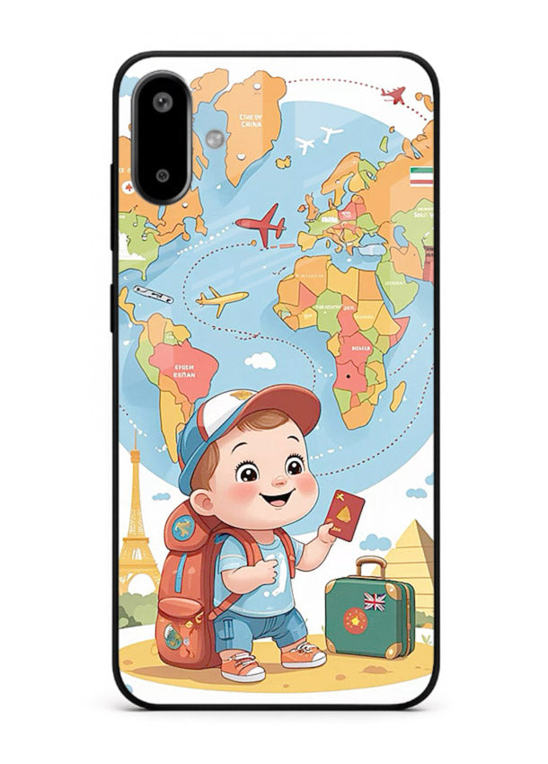 Cartoon Boy Tourist world map artwork Samsung F06 5G glass back cover
