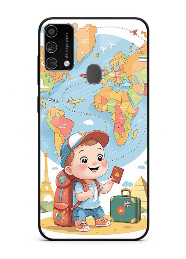 Cartoon Boy Tourist world map artwork Samsung F41 glass back cover