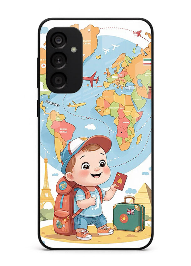 Cartoon Boy Tourist world map artwork Samsung A14 5G glass back cover