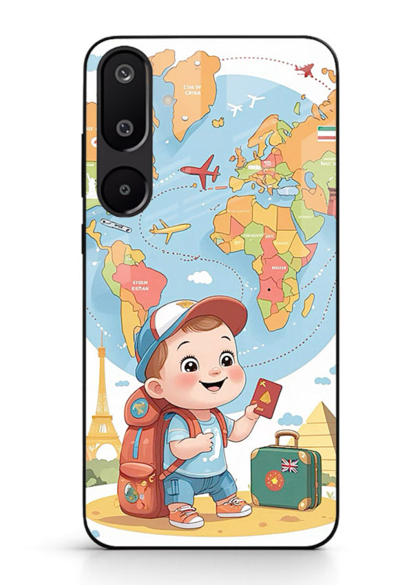 Cartoon Boy Tourist world map artwork Samsung M16 5G glass back cover