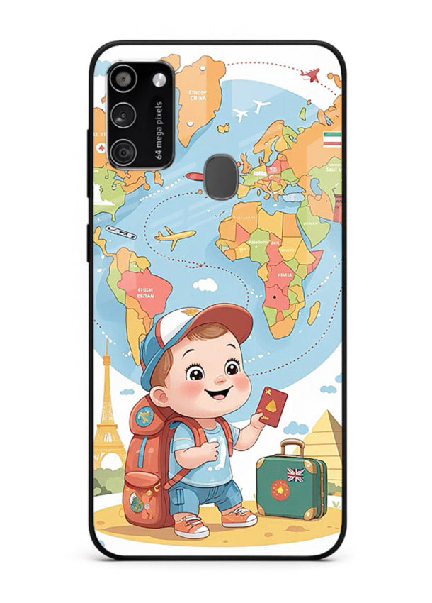 Cartoon Boy Tourist world map artwork Samsung M30s glass back cover