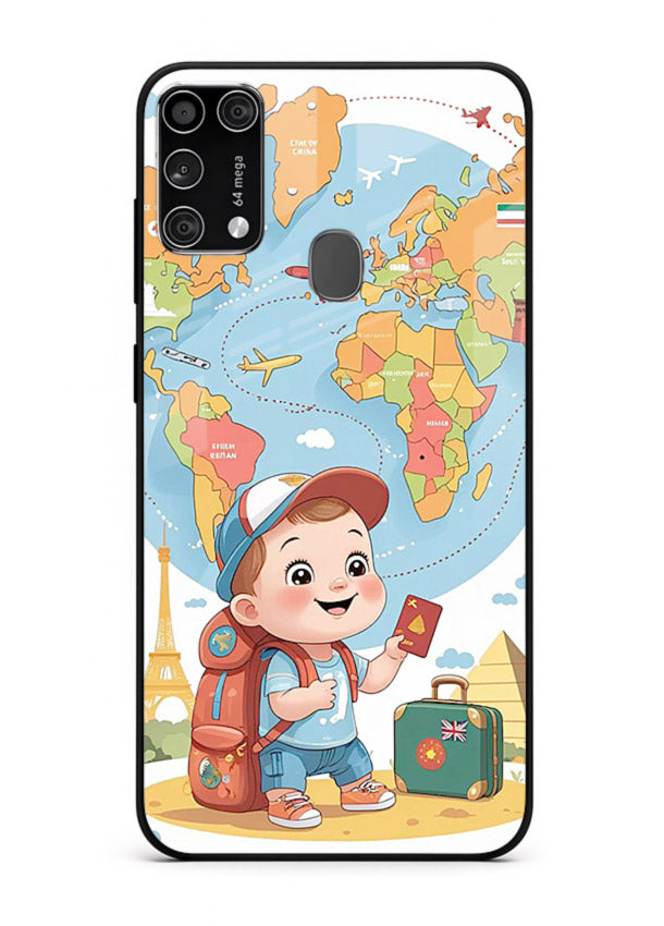 Cartoon Boy Tourist world map artwork Samsung M31 Prime glass back cover