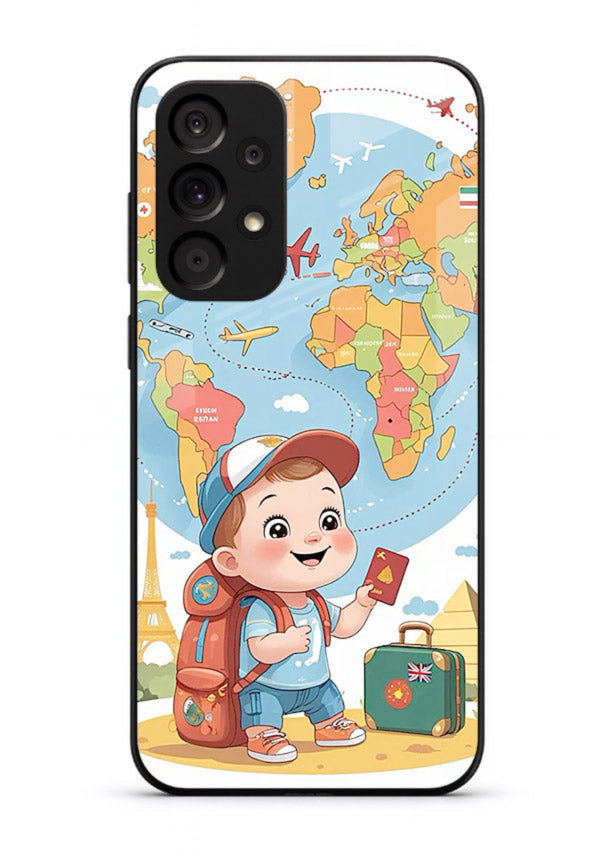 Cartoon Boy Tourist world map artwork Samsung A23 5G glass back cover