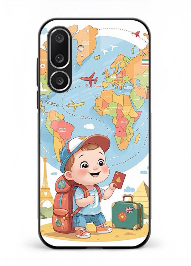Cartoon Boy Tourist world map artwork Samsung M36 5G glass back cover