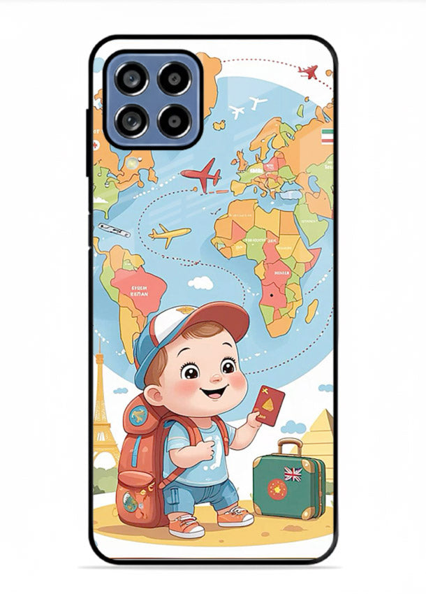 Cartoon Boy Tourist world map artwork Samsung M33 5G glass back cover