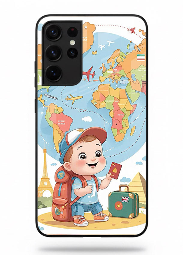 Cartoon Boy Tourist world map artwork Samsung S21 Ultra glass back cover