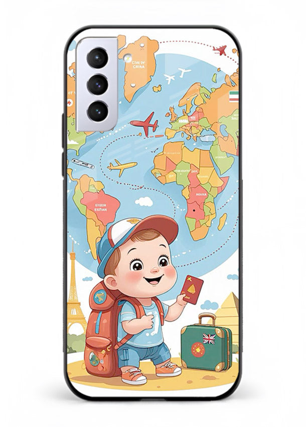 Cartoon Boy Tourist world map artwork Samsung S21 FE glass back cover