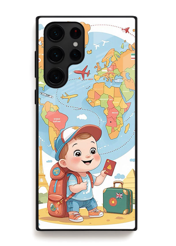 Cartoon Boy Tourist world map artwork Samsung S22 Ultra glass back cover