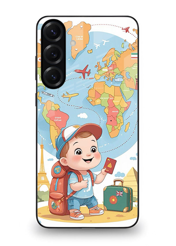 Cartoon Boy Tourist world map artwork Samsung A35 5G glass back cover