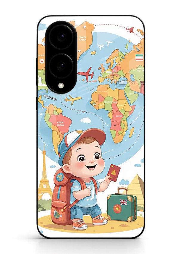 Cartoon Boy Tourist world map artwork Samsung S25 Edge glass back cover