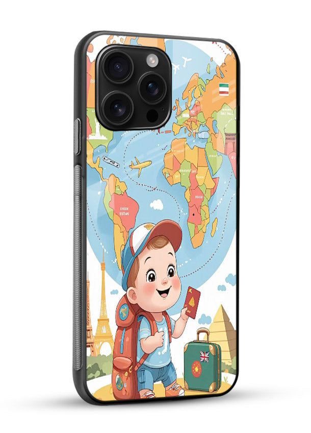 Cartoon Boy Tourist world map artwork glossy vibrant premium glass back cover - Angle Side