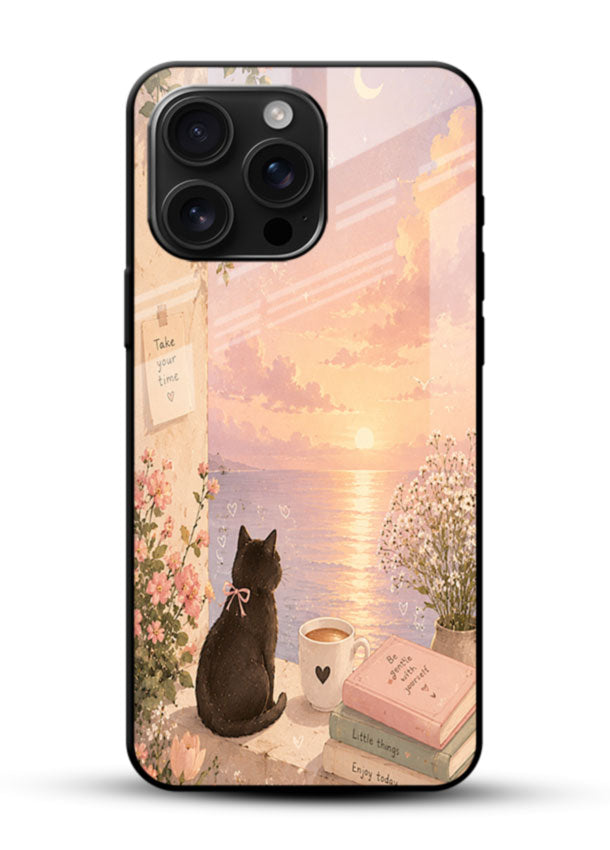 Cat sunset romance glass back cover with silhouetted cat and ocean sunset design - 1