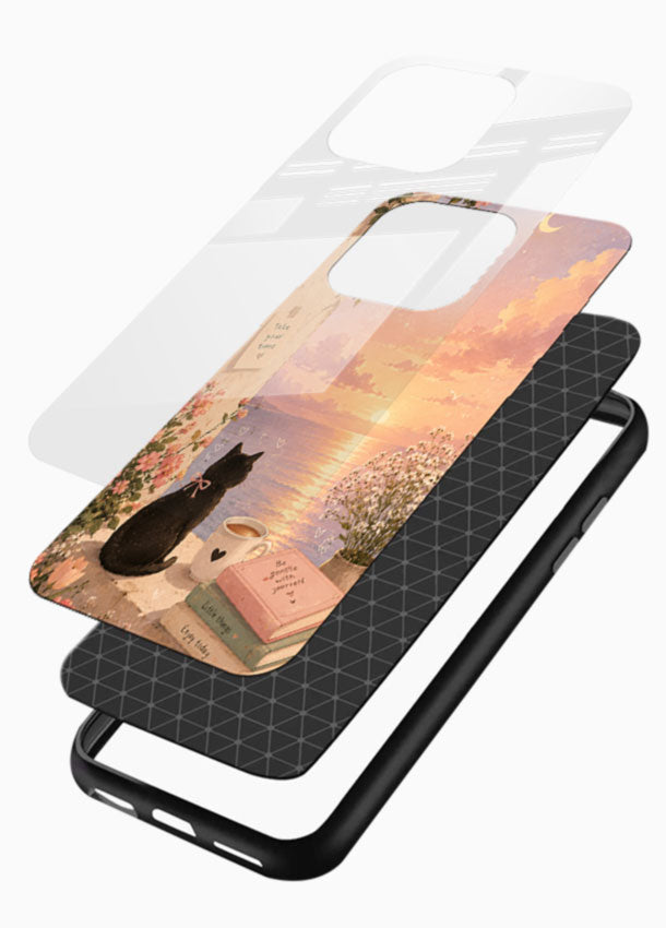 Cat sunset romance glass back cover with silhouetted cat and ocean sunset design - 3