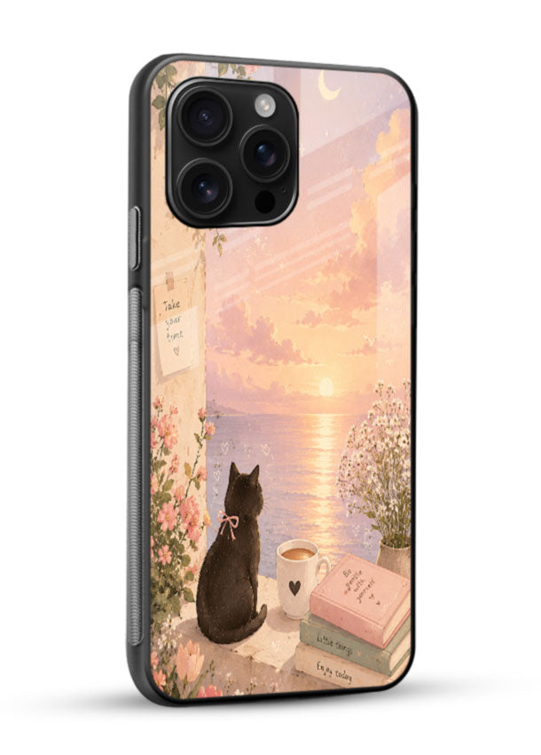 Cat sunset romance glass back cover with silhouetted cat and ocean sunset design - 2