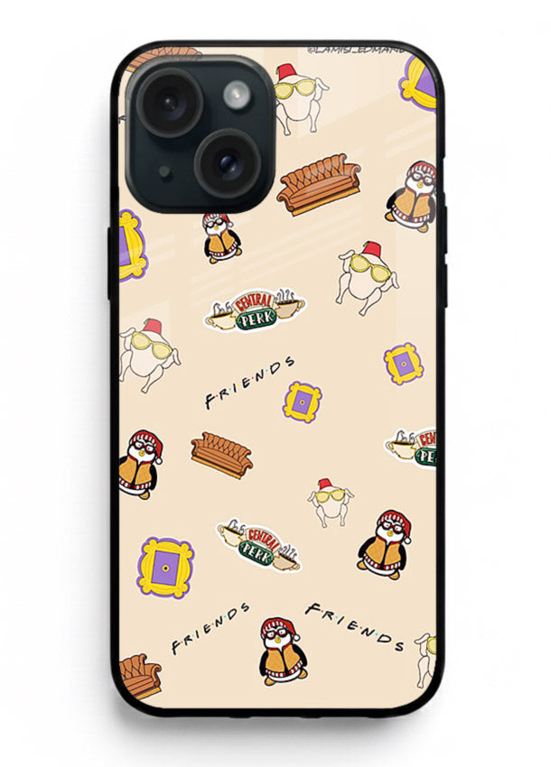 Sitcom doodle pattern artwork printed on tempered glass iPhone 15 Plus back cover