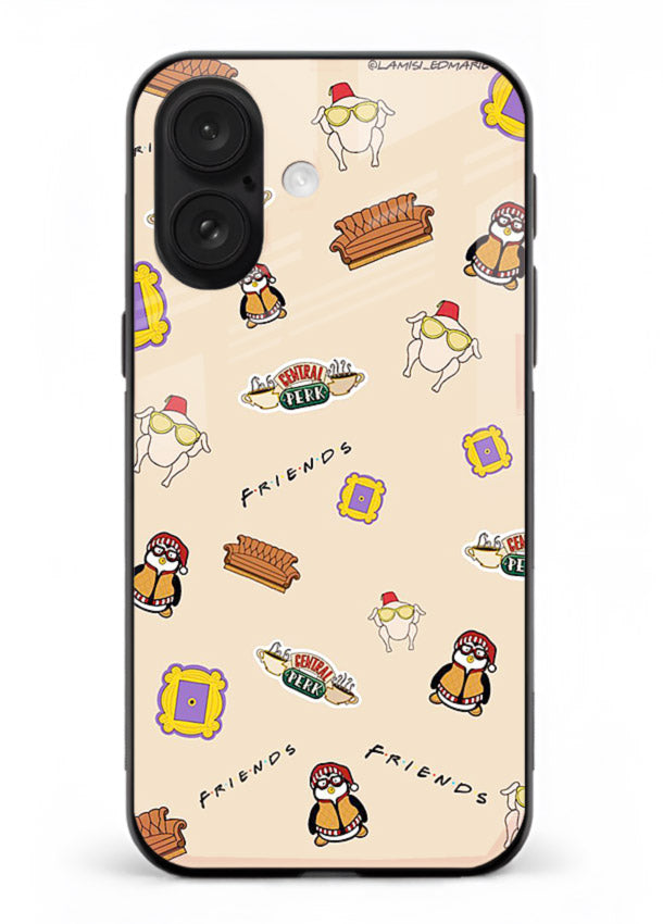 Sitcom doodle pattern artwork printed on tempered glass iPhone 16 back cover