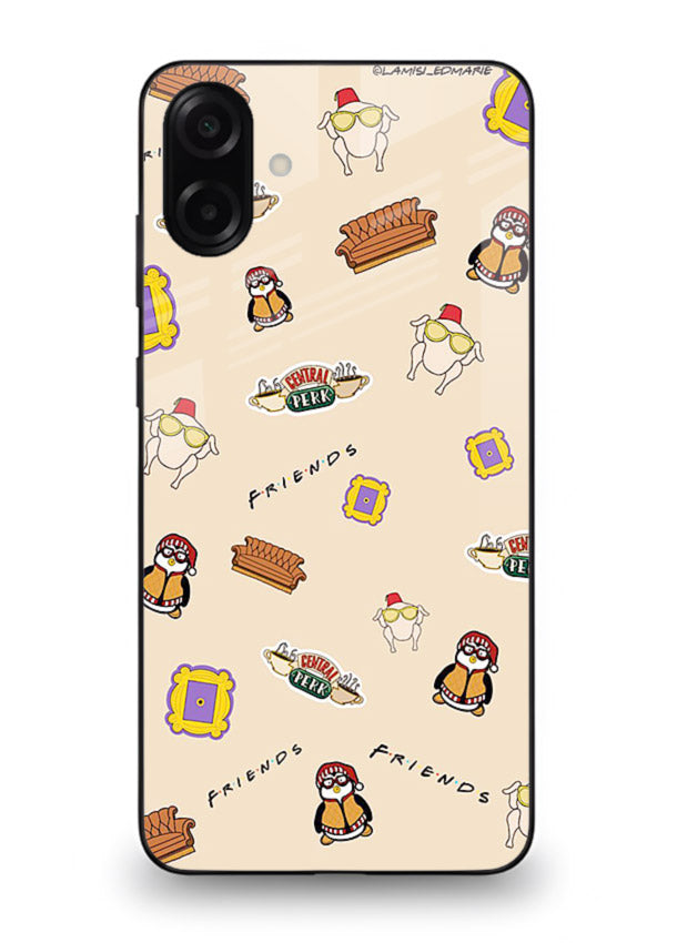 Sitcom doodle pattern artwork printed on tempered glass Samsung A06 5G back cover