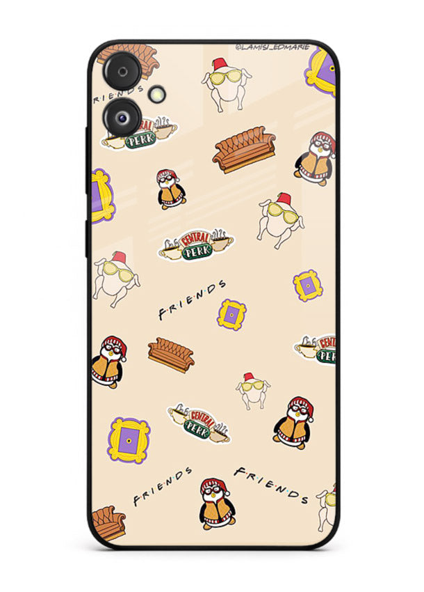 Sitcom doodle pattern artwork printed on tempered glass Samsung F05 5G back cover