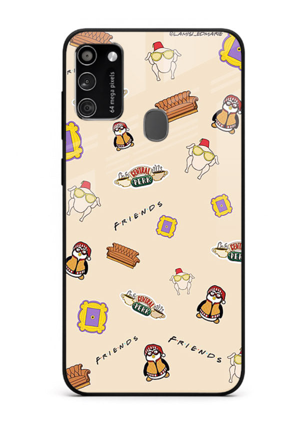 Sitcom doodle pattern artwork printed on tempered glass Samsung M30s back cover