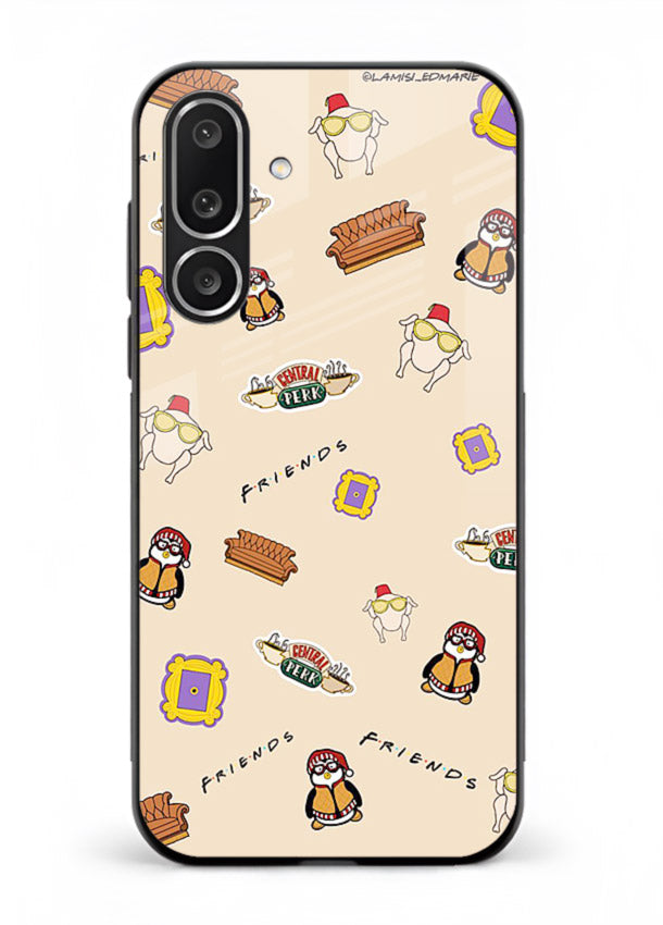 Sitcom doodle pattern artwork printed on tempered glass Samsung F56 5G back cover