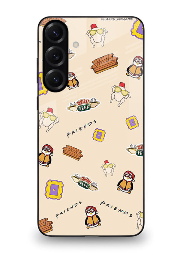 Sitcom doodle pattern artwork printed on tempered glass Samsung S24 FE back cover