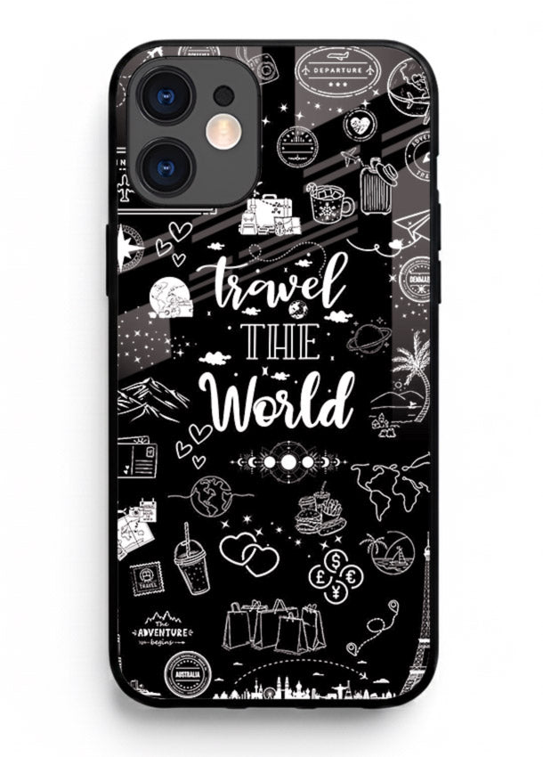Chalkboard Travel Icons doodle artwork iphone 12 mini glass back cover