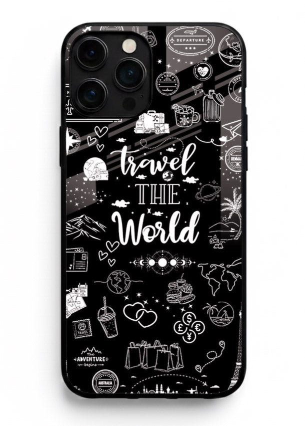 Chalkboard Travel Icons doodle artwork iphone 13 pro max glass back cover