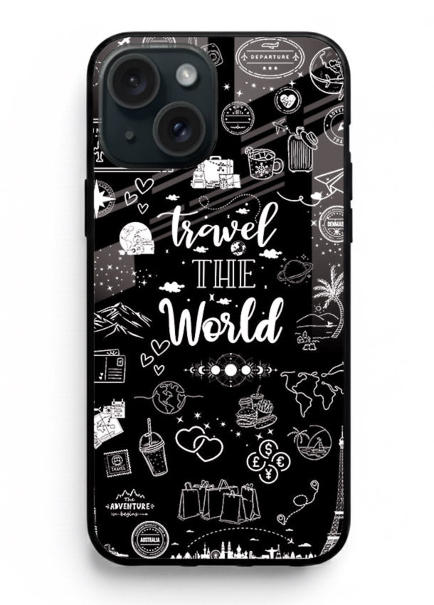 Chalkboard Travel Icons doodle artwork iphone 15 plus glass back cover