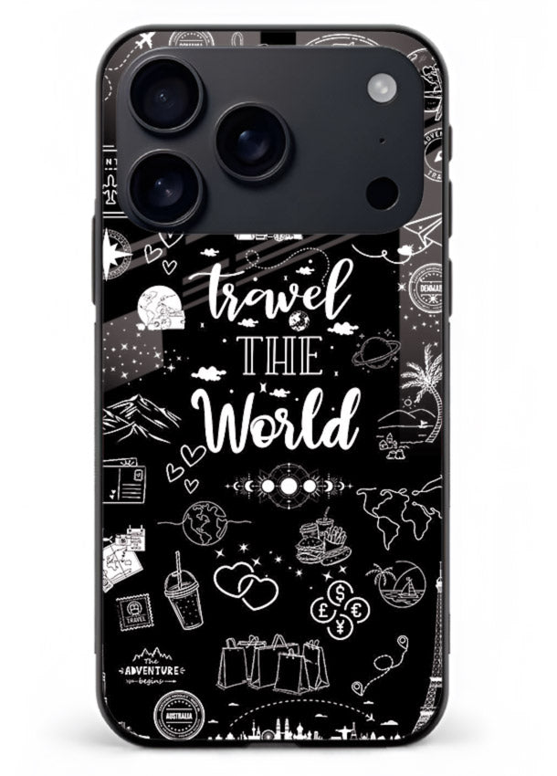 Chalkboard Travel Icons doodle artwork iphone 17 pro max glass back cover